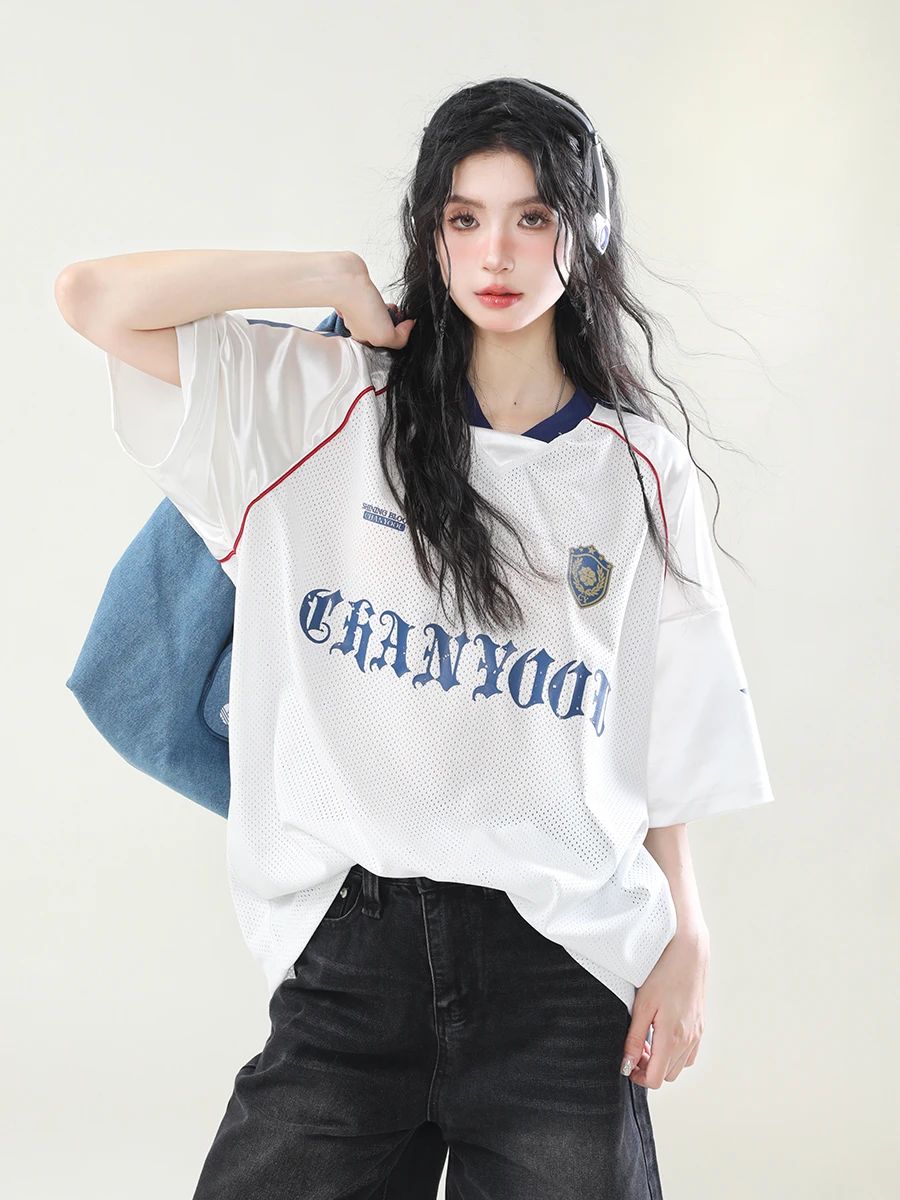 

Дышащая свободная женская футболка American Sle ort Sve, повседневный топ Street Faion с вырезом, дизайн для пары irt