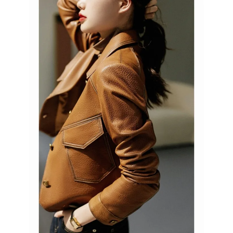 Autumn Fashion Retro Women's Short Coat Lapel Long Sleeve Motorcycle Street PU Solid Leather Jacket Women's Tops