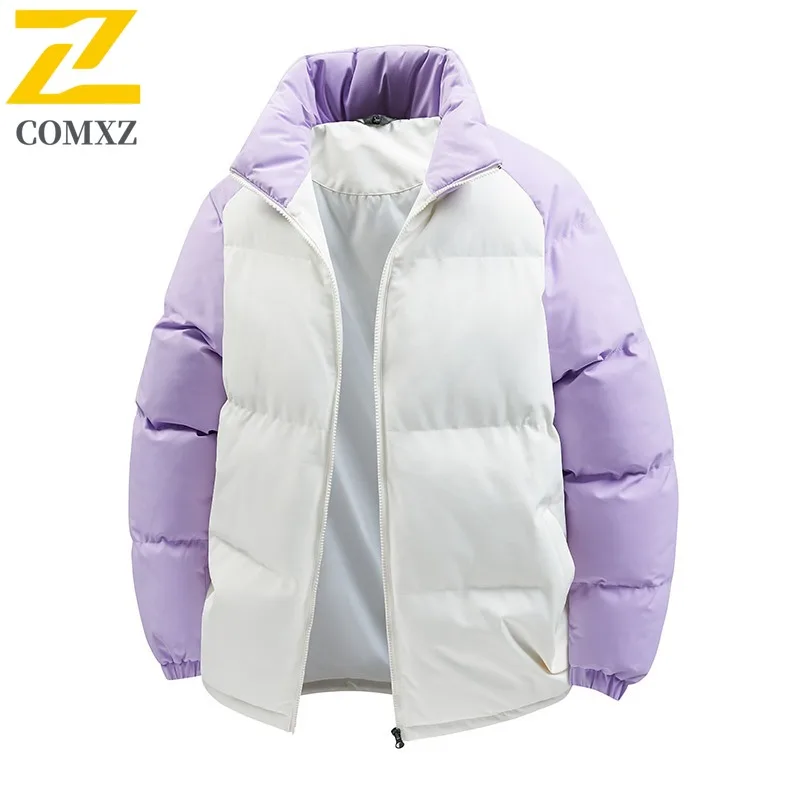 COMXZ 2025 Autumn Winter Color Block Cotton Jacket Unisex Stand Collar Loose Fit Thick Warm Coat tactics lightweight windbreaker