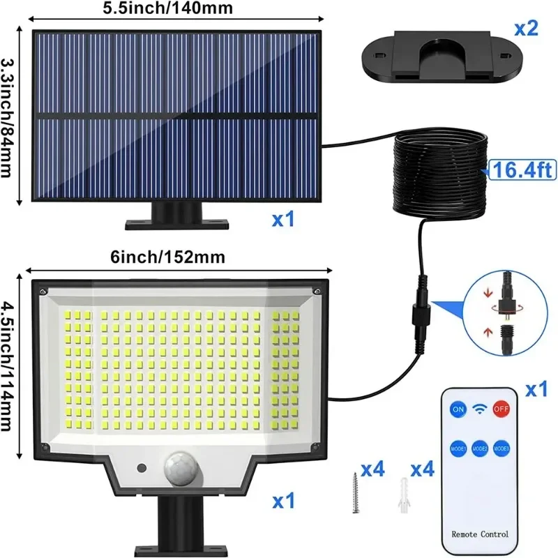 200LED Outdoor Solar Light with Motion Sensor Remote Control IP65 Waterproof for Garage Security Wall Light No Electricity Bill