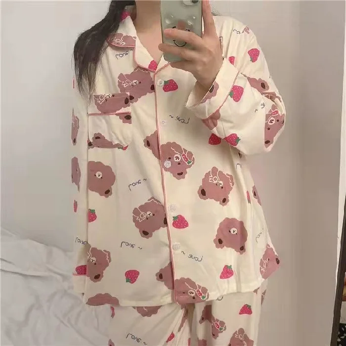 Ms. Korean Version of The Sweet Net Red Live Long-sleeved Pajamas Homewear    Ms. Small Love Lace Pockets Student Women\'s Female