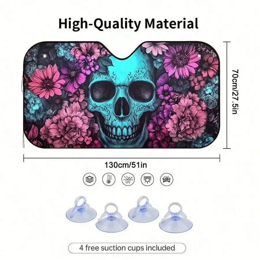 

Day Of The Dead Skull Car Sunshade Universal Windshield Shade With Suction Cups
