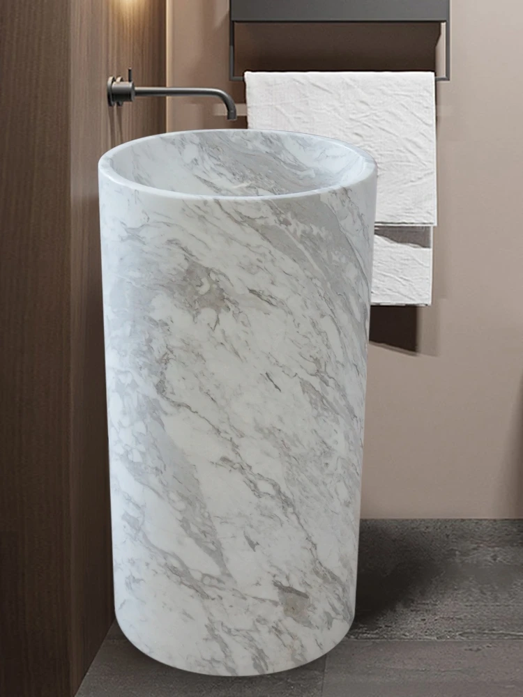 Natural marble integrated column basin bathroom balcony floor-standing wash basin villa courtyard stone wash basin