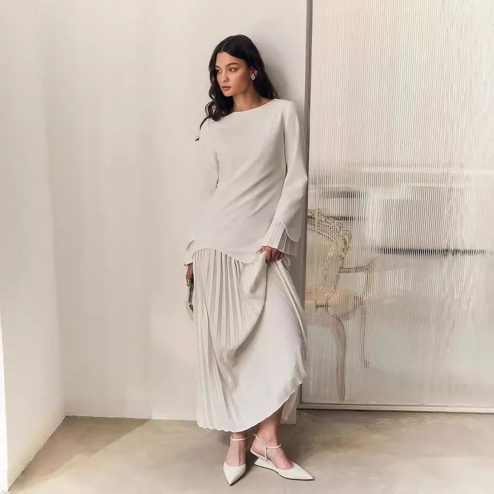 Eid Musulman Ensemble Femmes Top Chemise Plissée Jupe 2 Pièces Ensemble Chemisier Chemises À Manches Longues Jupe Costumes Arabe Musulman Ensembles 2025