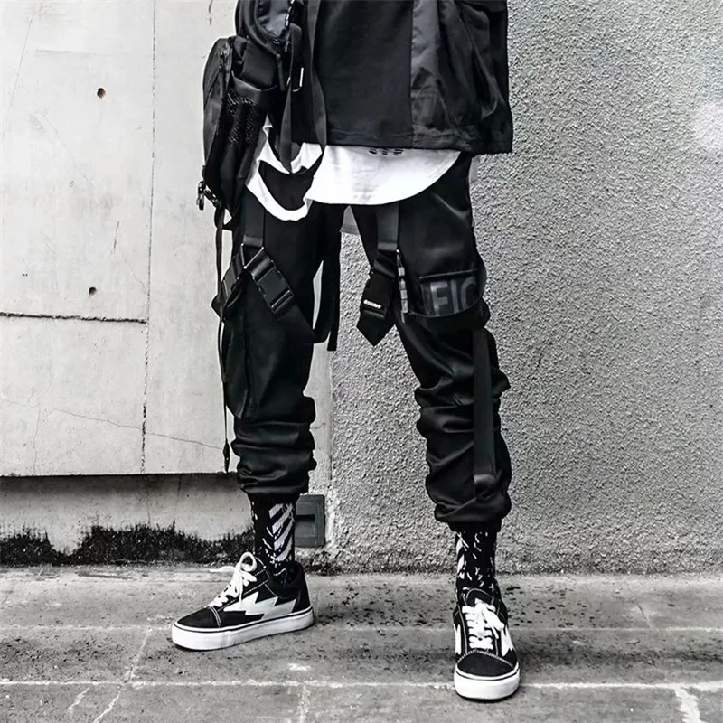 Y2K Joggers Cargo Pants For Men Casual Hip Hop Hit Color Pocket Male Trousers Sweatpants Streetwear Ribbons Techwear Black Pants