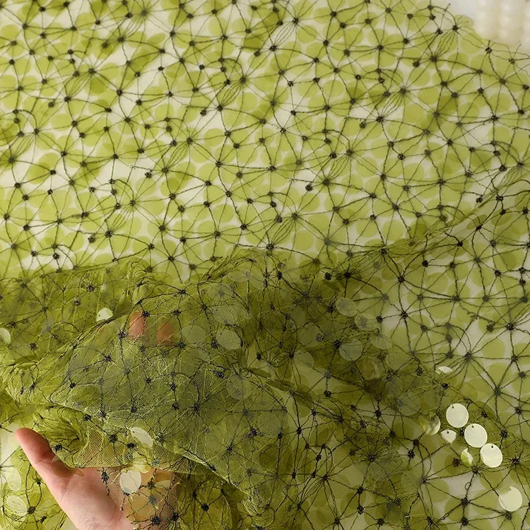 

1yard 3D bead embroidery sequin green mesh fabrics for clothing diy Wedding dress cheongsam design fabric
