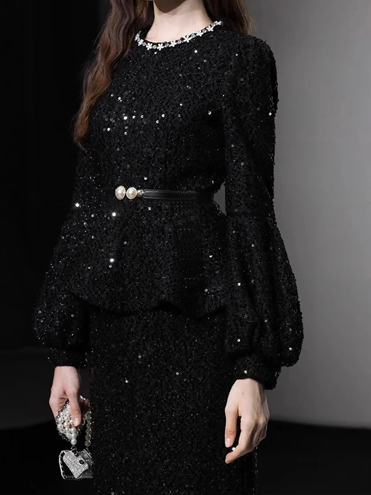 Spring Autumn Elegant Skirt Outfit Women Sequined Diamond Long Sleeve with Belt Top+High Waist Knee Length Skirt Two Piece Set
