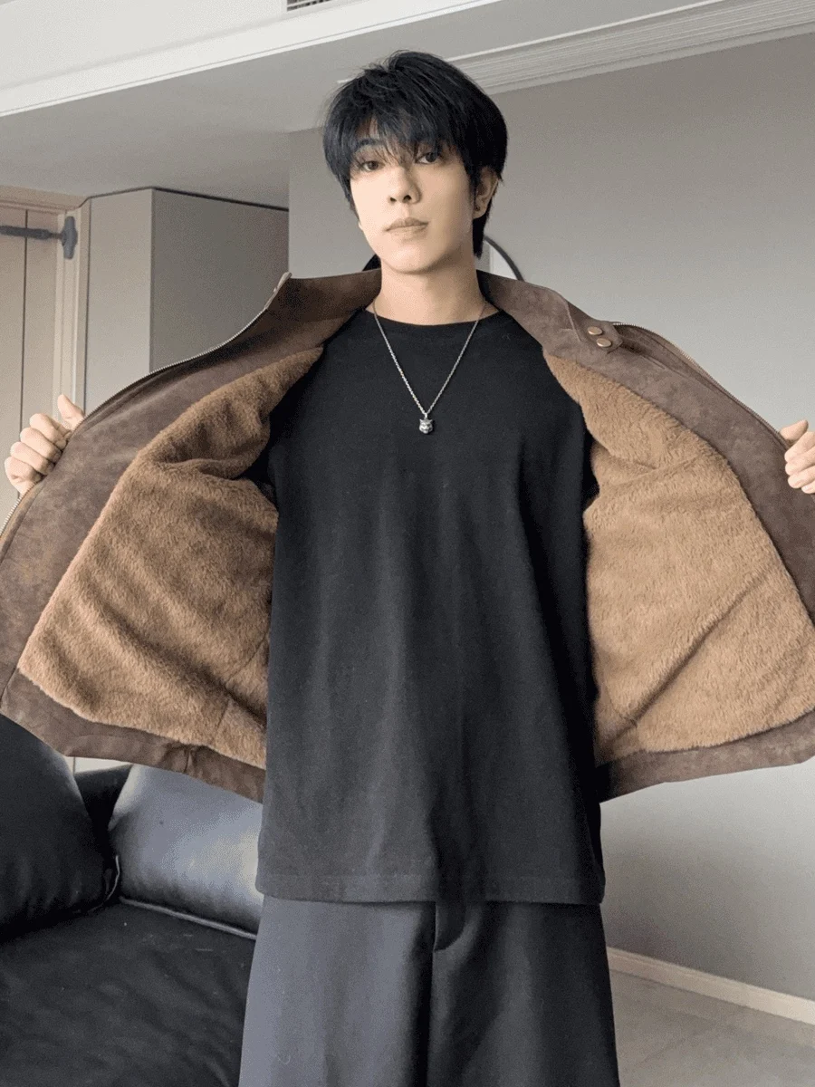 

Cé Brown Fce Lined Thiened Leather Jaet Men's Sle Autumn Winter American Motorcycle Simulation Rabbit Fur Dyed o...