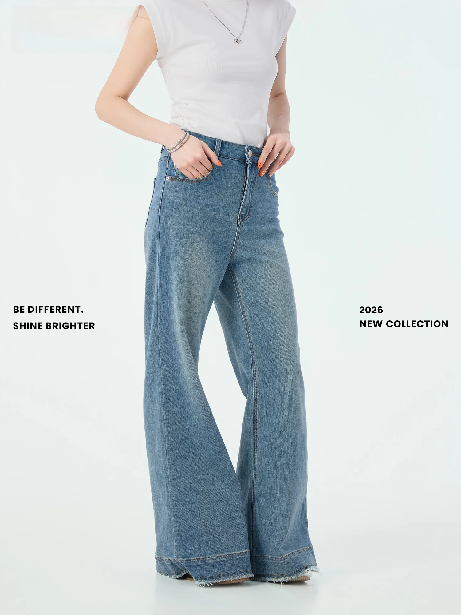 

Summer New High Waist Slimming Drapey Denim Pants Women Loose Wide Leg Frayed Long Trousers DiDi MAX X58226 Cotton Natural Waist