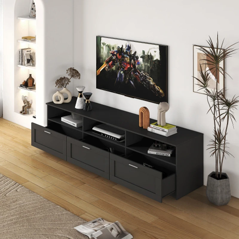 Black modern minimalist TV cabinet 80 inch TV stand, open locker Living Room Bedroom