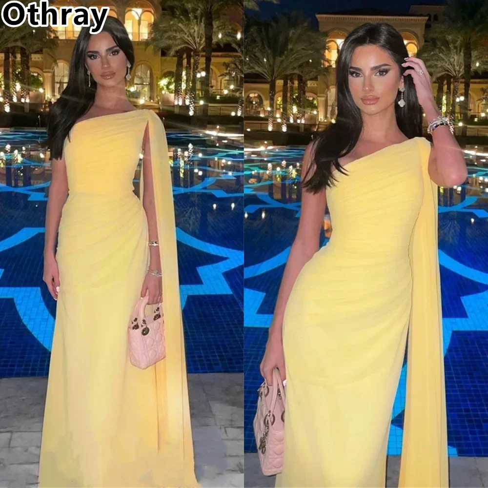

Othray Yellow Elegant Evening Dress One-shoulder Sheath Fold Chiffon Arabic Women Formal Prom Gowns Dubai Party فساتين سهره فاخر