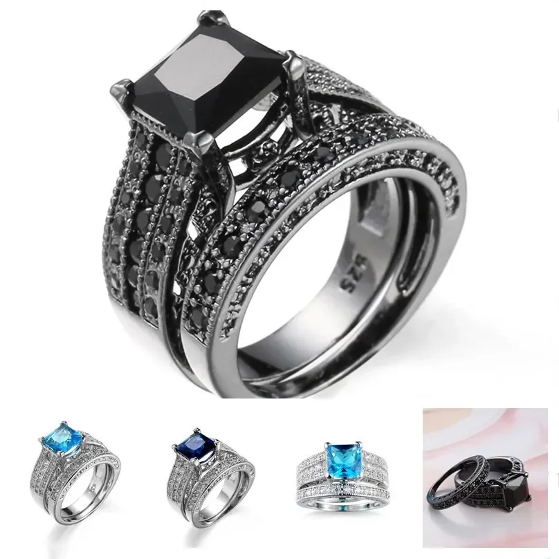 SODROV Vintage Black Gold Plated Black Zircon Jewelry Ring Sets for Women 2pcs Rings