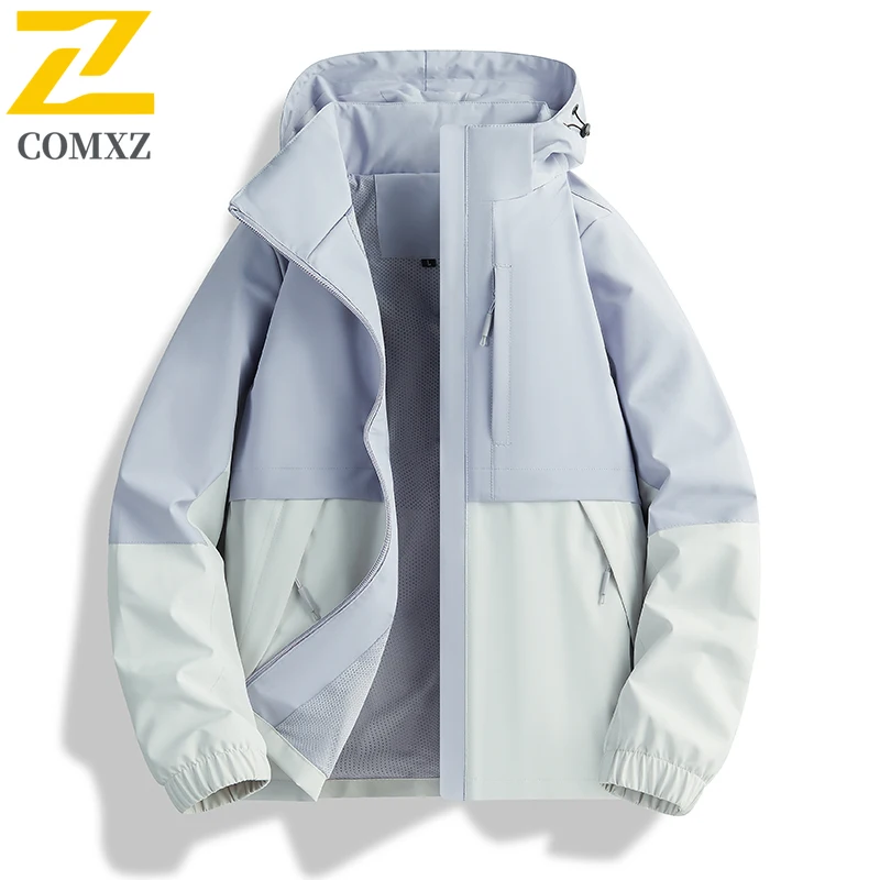 Outdoor Work Waterproof Jacket Mens Couple Outdoor Sports Hiking Splicing Pocket Windproof Windbreaker Autumn Casual Hooded Coat