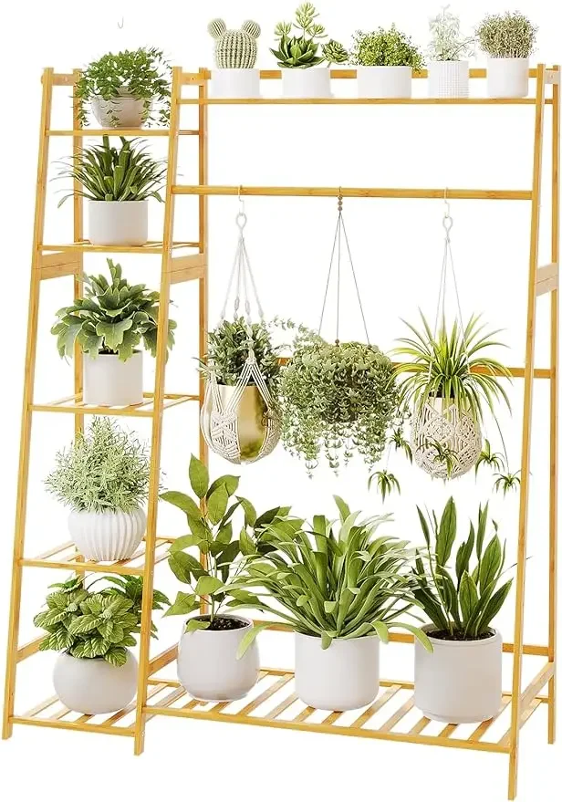 

Hanging Plant Stand Indoor, Bamboo Large Plant Shelf for Multiple Plants, Tall Ladder Coat Flower Rack