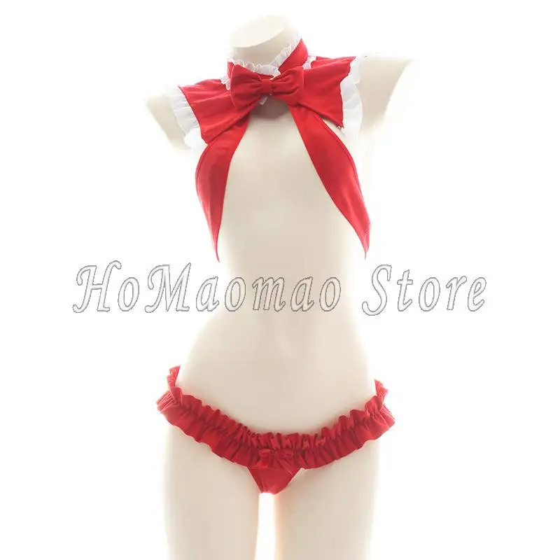 Santa Sexy Costume Christmas Lingerie Set Cute Hollow Out Bikini Bowknot Ruffle Halter Neck Bra Rabbit Tail Briefs Cosplay Set