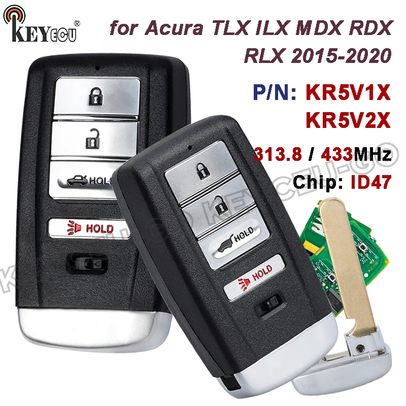 KEYECU 313,8 MHz / 433,9 MHz ID47 FCC ID: KR5V2X KR5V1X per Acura TLX ILX MDX RDX RLX 2015-2020 Chiave telecomando scheda Promixity