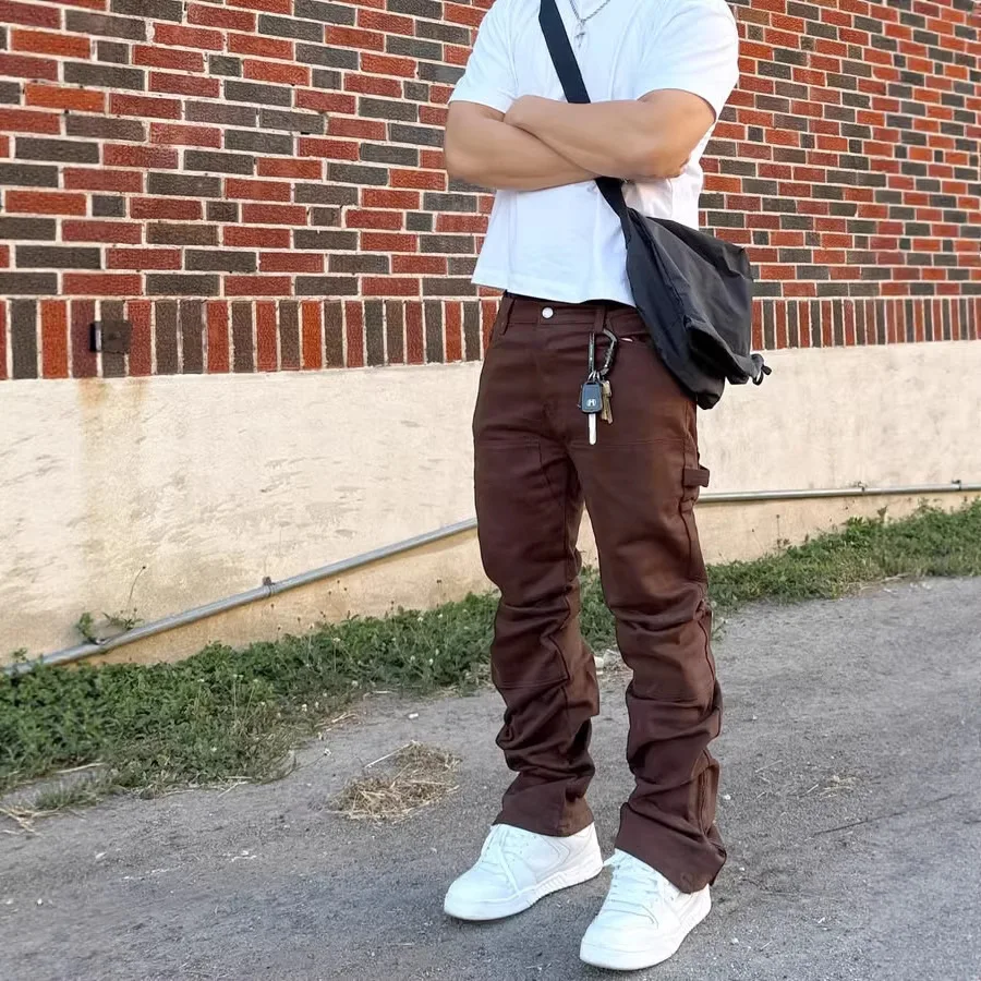 Diagonal Pocket Elastic Denim Casual Pants Men's Slim-fitting Versatile Splicing Trousers