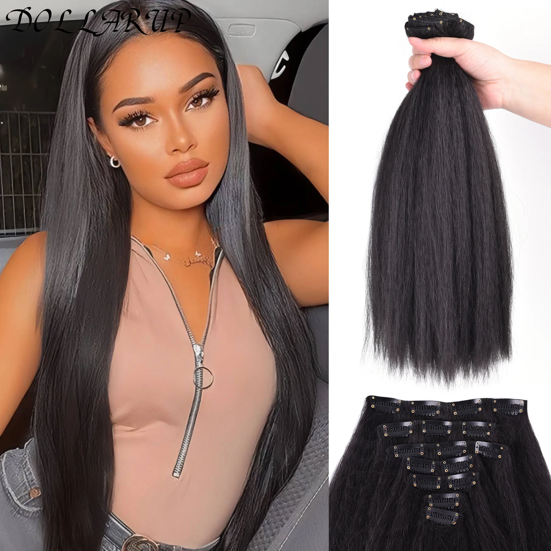 Synthetic Hair Yaki Clip In Hair Extensions  Yaki Straight 7Pcs/set 16Clip-In Hairpieces Kinky Straight For Black Women