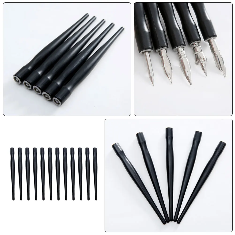 

12pcs Black Plastic Pole Straight Dip Pen Holder Nonst for Drawing Comic Writing Supplies Gifts Steel Pen Tools
