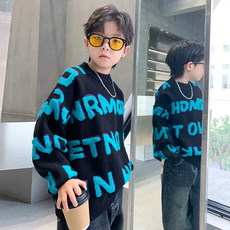 

25 New Popular Autumn and Winter Abstract Letter Jacquard Pattern Pullover Sweater Round Neck Knitted Boy Street Style Pullover