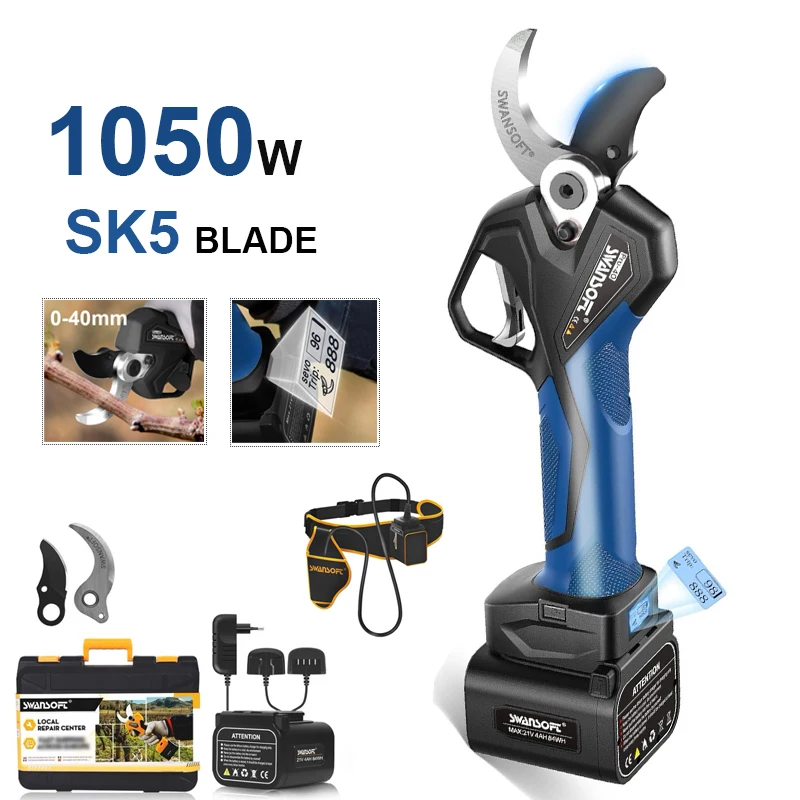 Sécateur sans fil SWANSOFT PRU40, diamètre de coupe 40 mm, moteur sans balais 1050 W, cisailles de jardin électriques, batterie 21 V 4 Ah + 4 Ah, cisailles à branches à coupe progressive