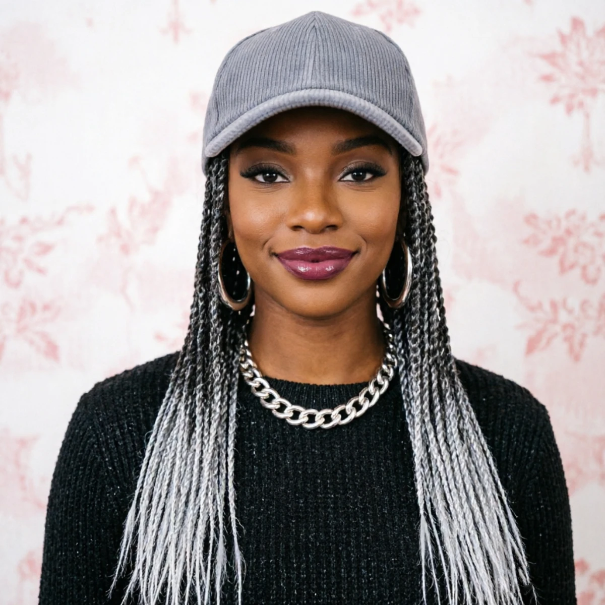 

Ombre Black Silver Grey Braided Baseball Cap Wig Synthetic Box Braid Hair Extensions With Hat Glueless for Black Women-Wigera