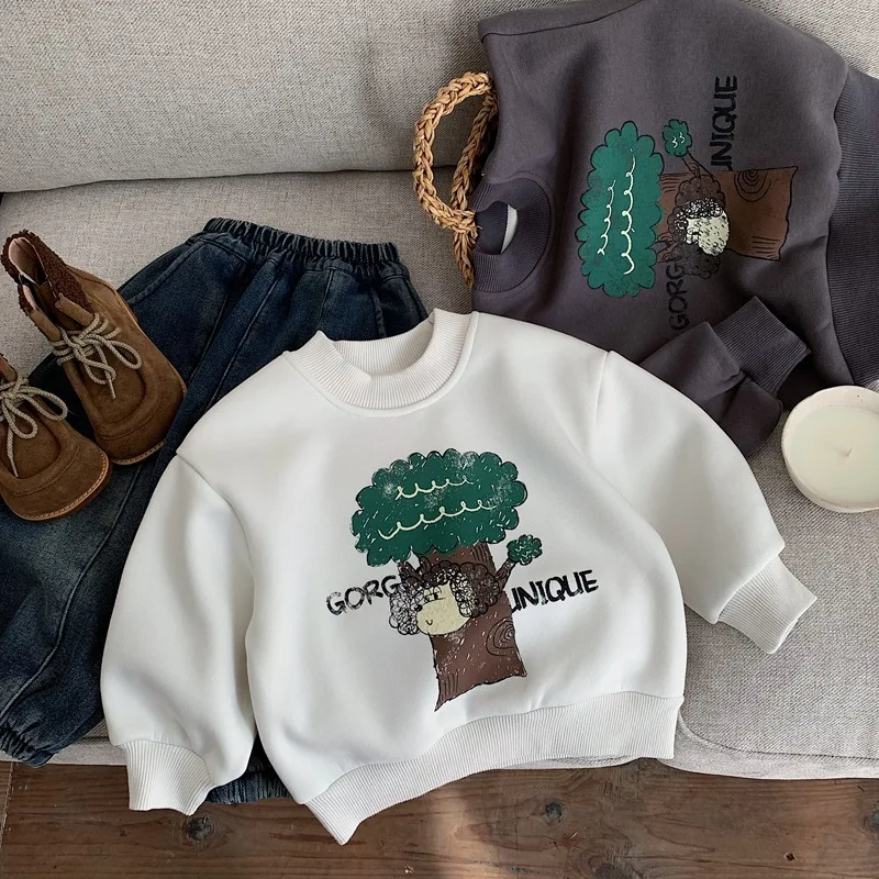 Boys Girls Cartoon Print Plus Velvet Thick Pullover Kids Warm Tops Clothes 2025 Winter New Children Fleece Sweatshirt Cotton