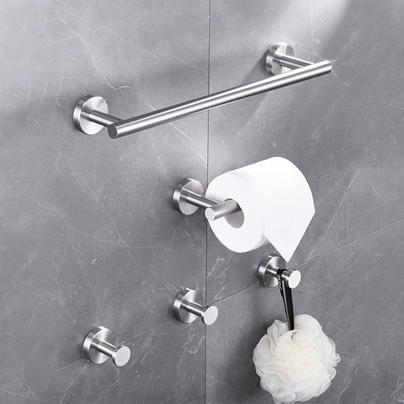 

Brushed Bathroom Hardware Set Single Towel Bar Toilet Paper Holder Robe Hook Stainless Steel