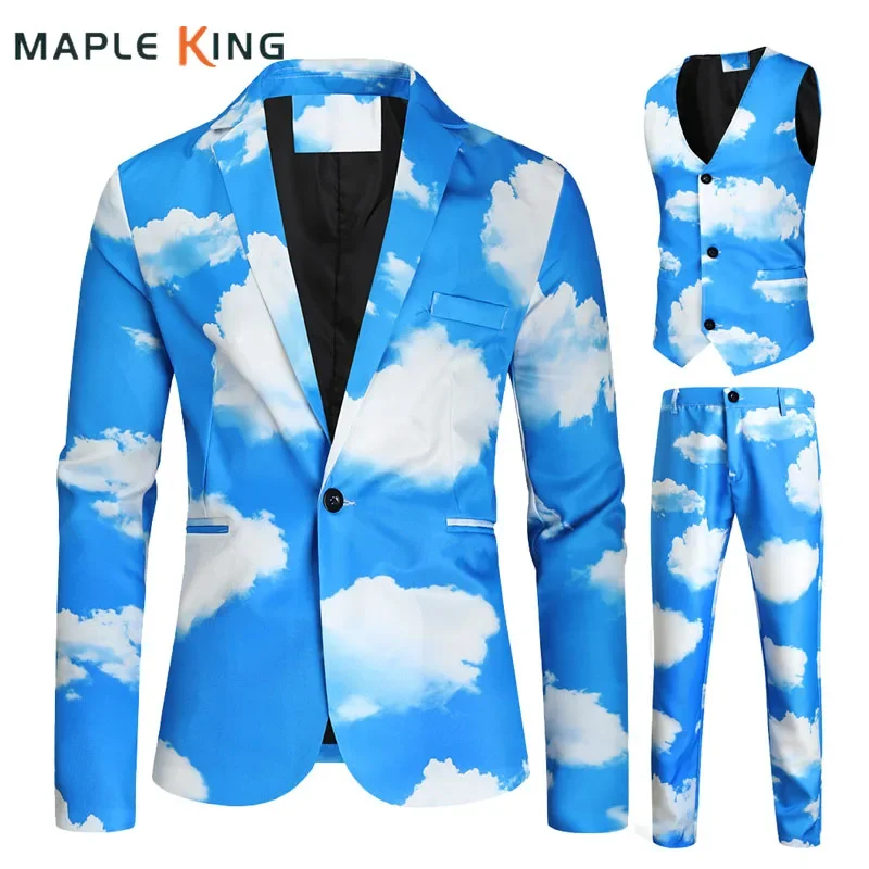 3 Pieces Blazer Set Prom Suits for Men Fashion Blue Sky 3D Print Blue and White Suit Blazers Jacket Pants Dress Waistcoat M-4XL