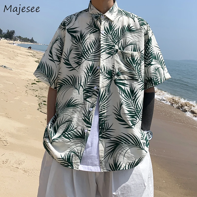

Shirts Men Beach Summer Printed Fashion Green Half-sleeve Retro Youth Leisure Breathable Handsome Popular Teens All-match Loose