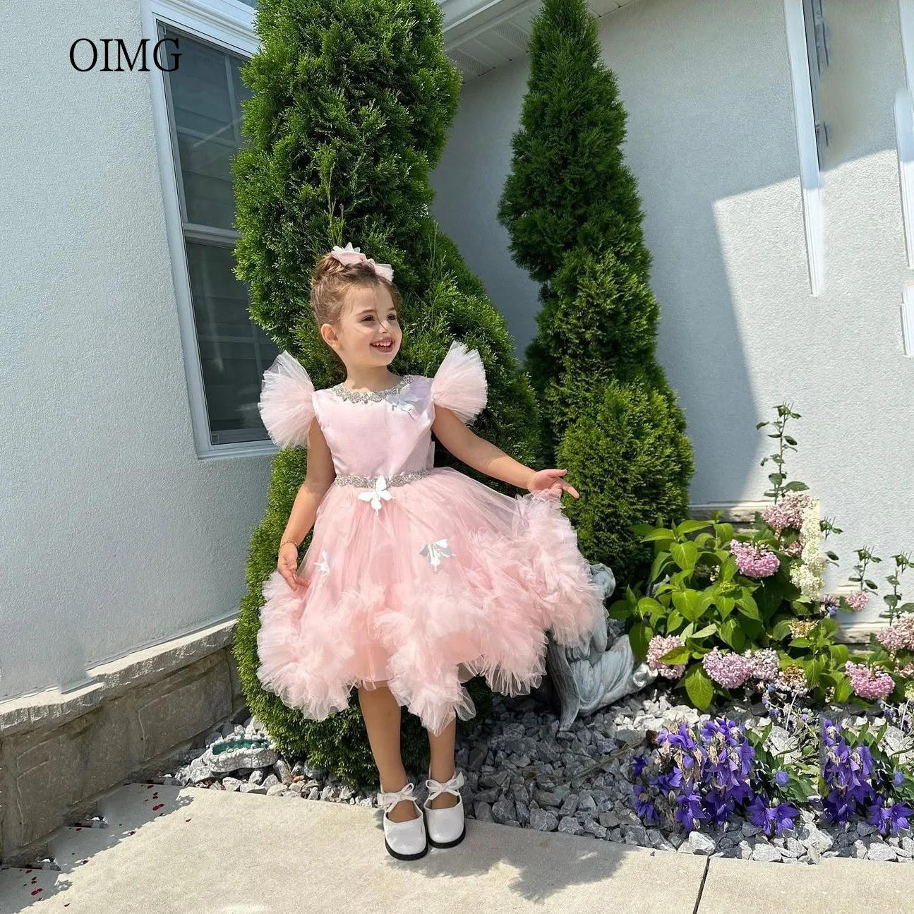 

OIMG Light Pink Butterfly Decoration Flower Girl Dresses Bead Belt Gown Wedding Party Dress Ball Birthday Dress Customized