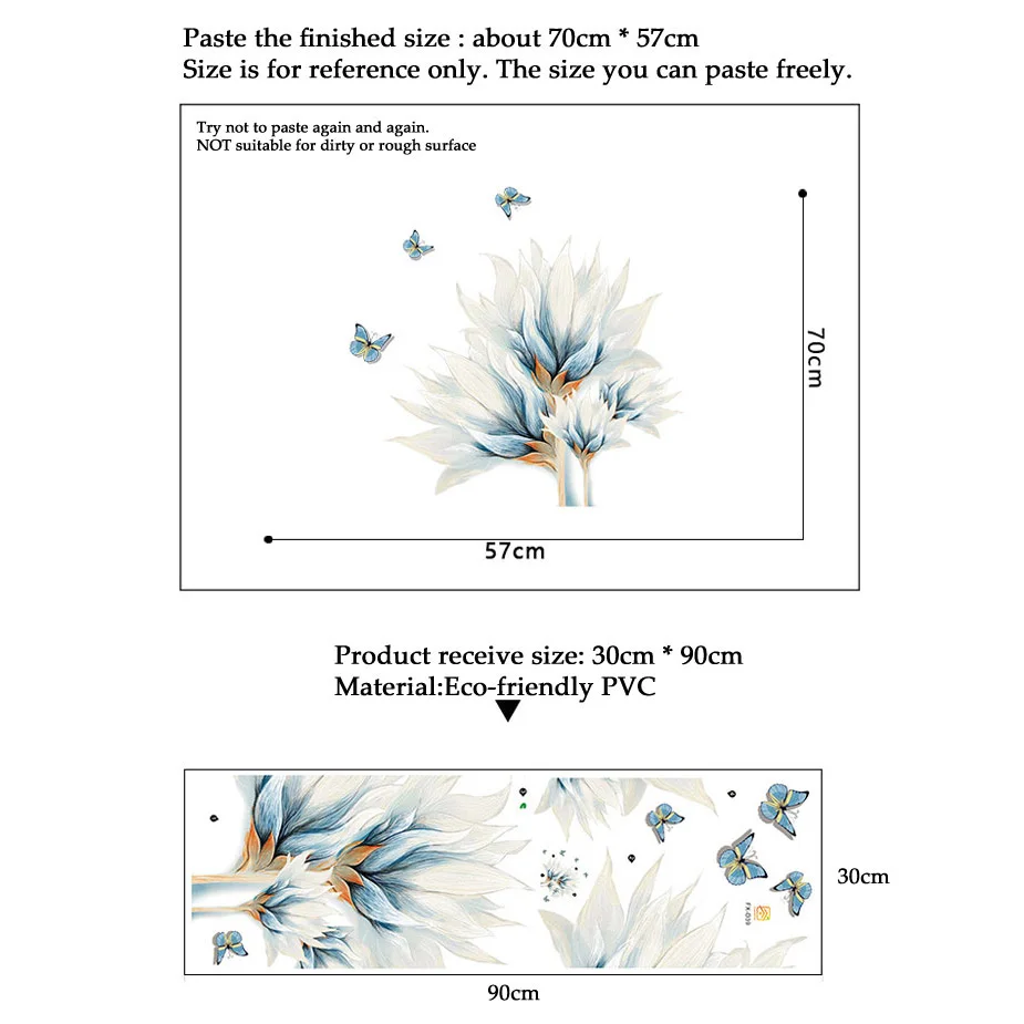 Water Color Blue Butterfly Flower Wall Sticker Living Room Sofa Background Decoration Mural Bedroom Decor Self-adhesive Decals