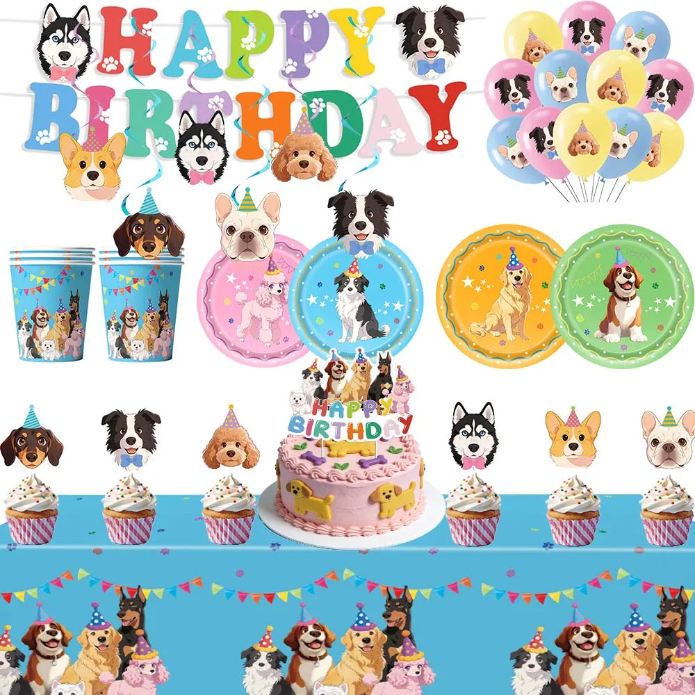 

Colorful Pet Dog Birthday Party Supplies Dogs Party Tableware Plates Cups Balloon etc Dog Theme Baby Shower Supplies for Kids