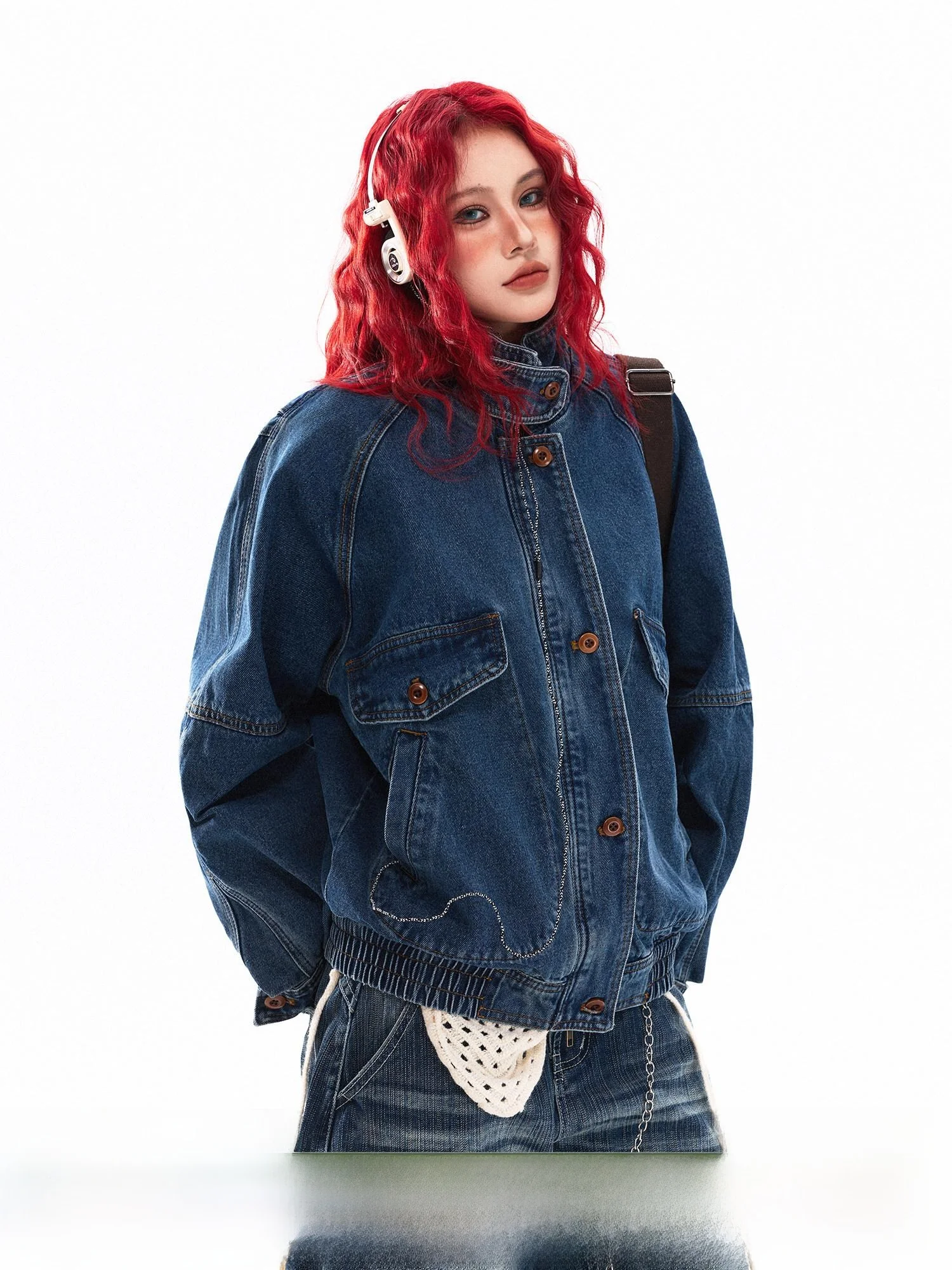 

Damon Island Vintage Waed Denim Jaet ex American Sle Stand Collar Pilot Jaet Couple's Loose Fit Casual Wear