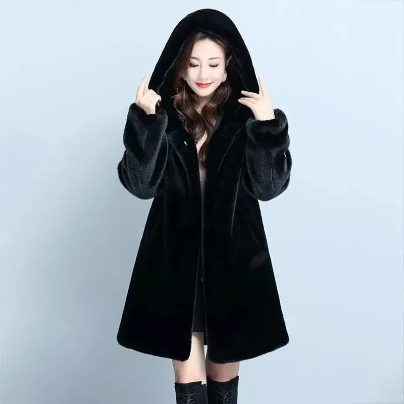 2023 Autumn Winter New Imitation Sable Jacket Women Fashion Loose Versatile Faux Fur Coat Female Hooded Large Size Thick Outwear