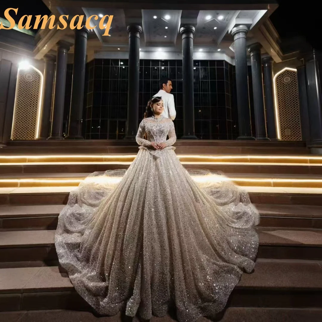 Custom Wedding Dress Luxury High Neck Long Sleeve Bride Dress Sequined Beaded Princess Ball Gown Train Wedding Party Gown Vestid