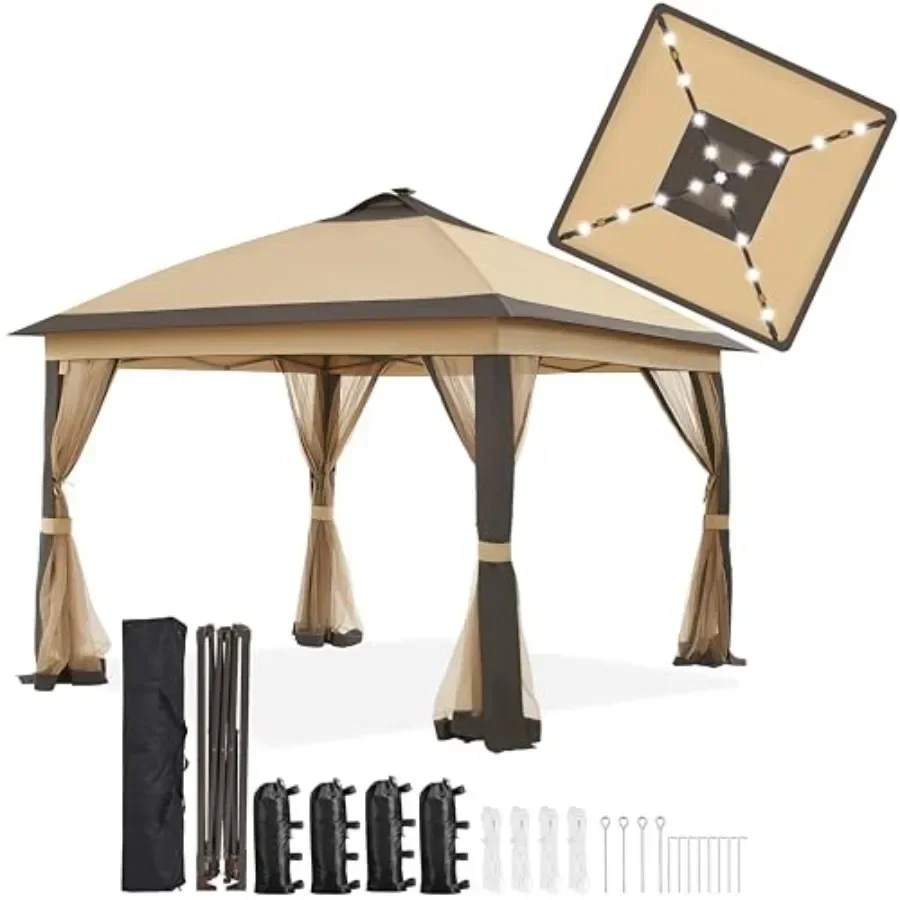 11'x11' Pop Up Gazebo  Tent with 17 LED Lights Zippered Mesh Netting Outdoor Shelter Sun Shade in Beige with Sandbags for Bac