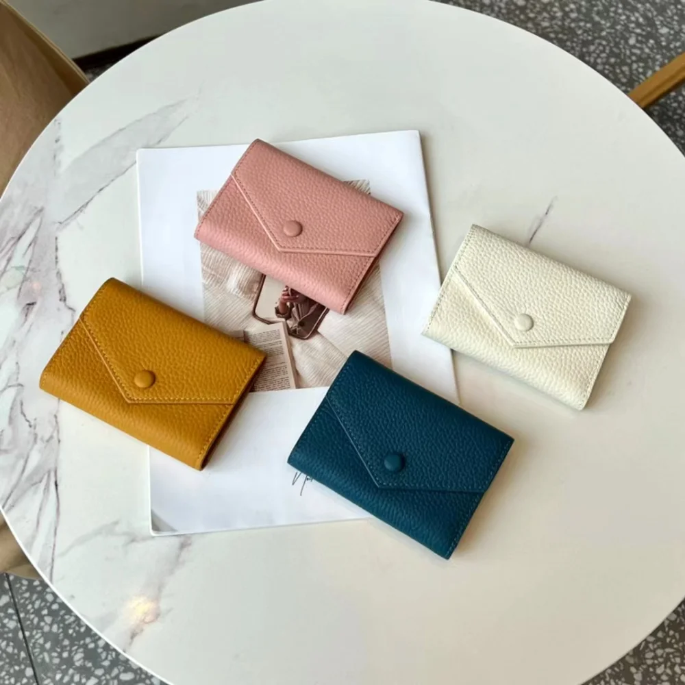 Short Wallet for Women Simple Trifold Cowhide Wallets Korean Fashion Envelope Coin Purse Female Slim Card Holder Genuine Leather