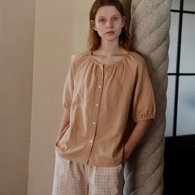 2025 Summer Solid Color Short-sleeved Pajamas Couple Casual Loose Contrasting Shorts Loungewear Set Turn-Down Collar Sleepwear