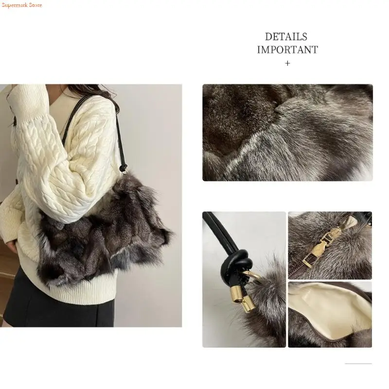 Q5WE luksusowa torba na ramię ze sztucznego futra dla kobiet stylowa, patchworkowa torebka pachami z wygodnym paskiem do