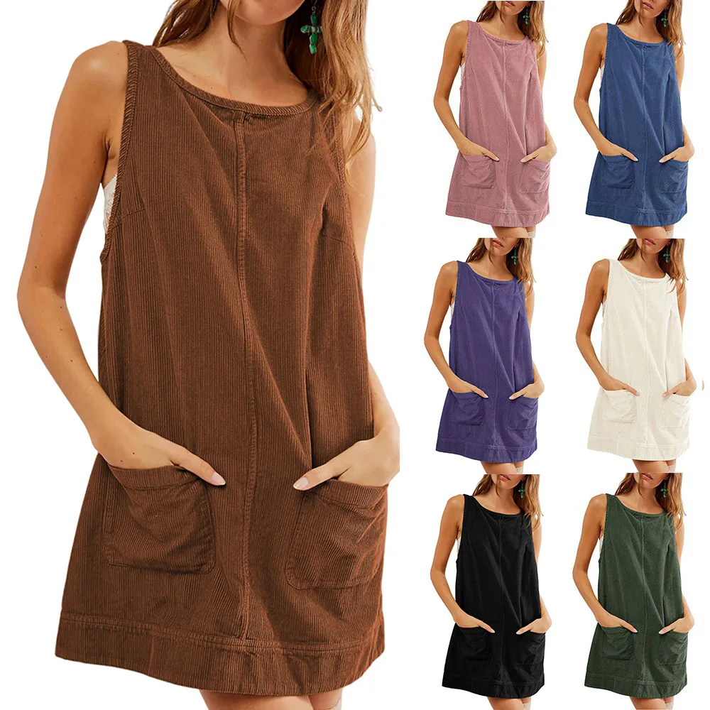

Women Dresses Solid A Line Dress Pocket Round Neck Sleeveless Nature Waist Mini Length Loose Y2K Casual Streetwear 2025 Autumn