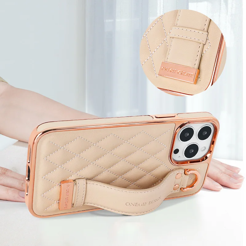 For iPhone 16 15 14 13 12 Pro Max Case Matte Embossed Grid Leather Hand Strap Belt Stand Leather Covered On The Edges Cover - Image 3