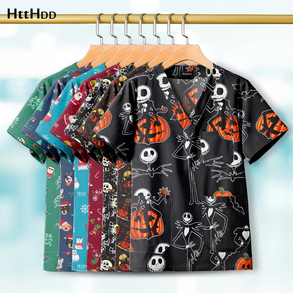 Medical Cartoon Printed Halloween Costumes Women Men V-neck Short Sleeved Shirt Breathable Workwear Hospital Nursing Accessories