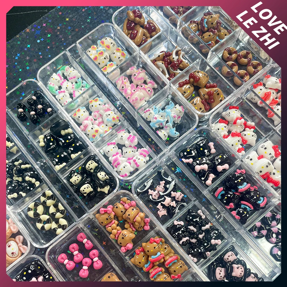 120Pcs 3D Sanrio Dolphin Kittycat Nail Art Charms Accessories Black Swim Ring Bowknot Nails Gems Nail Art Decoration Supplies