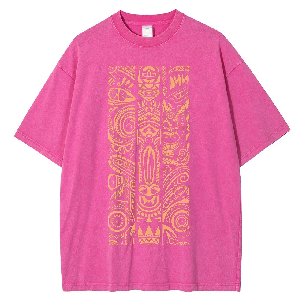 Tribal tattoo style pattern printed T-shirt summer men's and women's fashion water wash vintage T-shirt casual style top