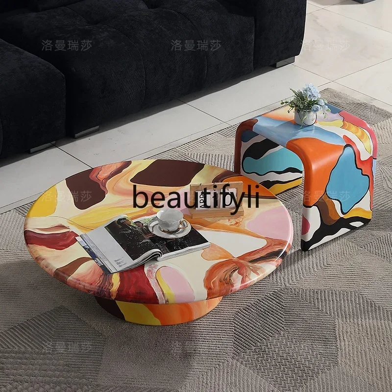 TTT Medieval creative light luxury painted solid wood living room hand-painted oil painting designer personalized round c