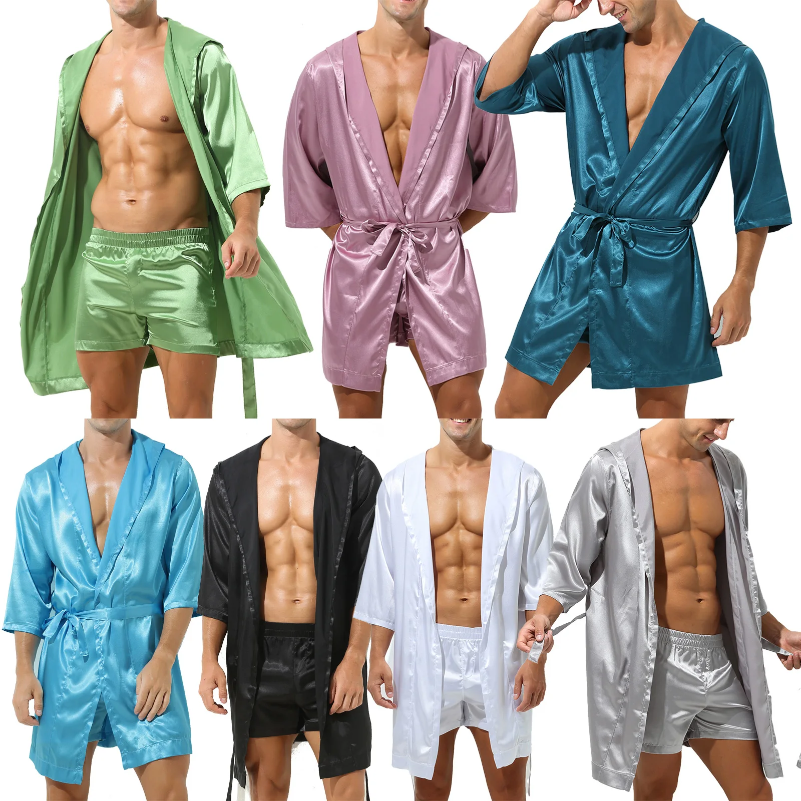 Mens Sleepwear Robe Satin Pajamas Tops Open Front Hooded Night-robe Belted Kimono Half Sleeve Bathrobe without Shorts Nightwear