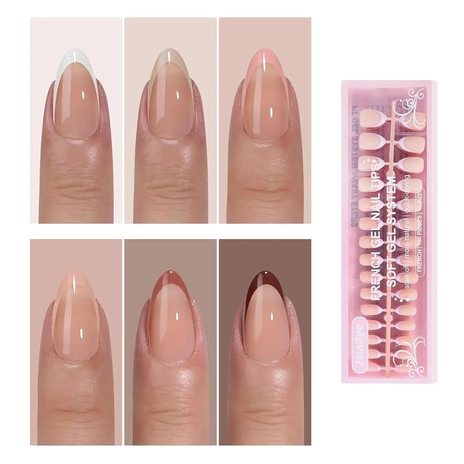 

180pcs French Tip Press On Nails Short Almond Shape, Soak Off Acrylic Fake Nails Extensions for Women DIY 15 Sizes
