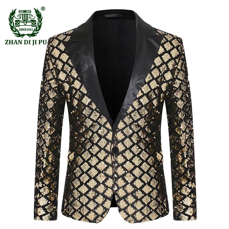 

Gold Sequin Plaid Blazer Jacket Men Fashion Slim FIt One Button Dress Suit Blazer Party Wedding Suit for Men Stage Costume Homme