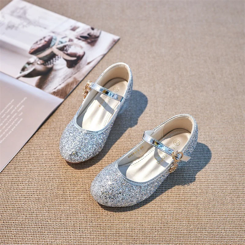 Children's High Heels Fashion Crystal Glitter Spring Kids Leather Shoes Girls Sandals Princess Student Party Performance Shoe